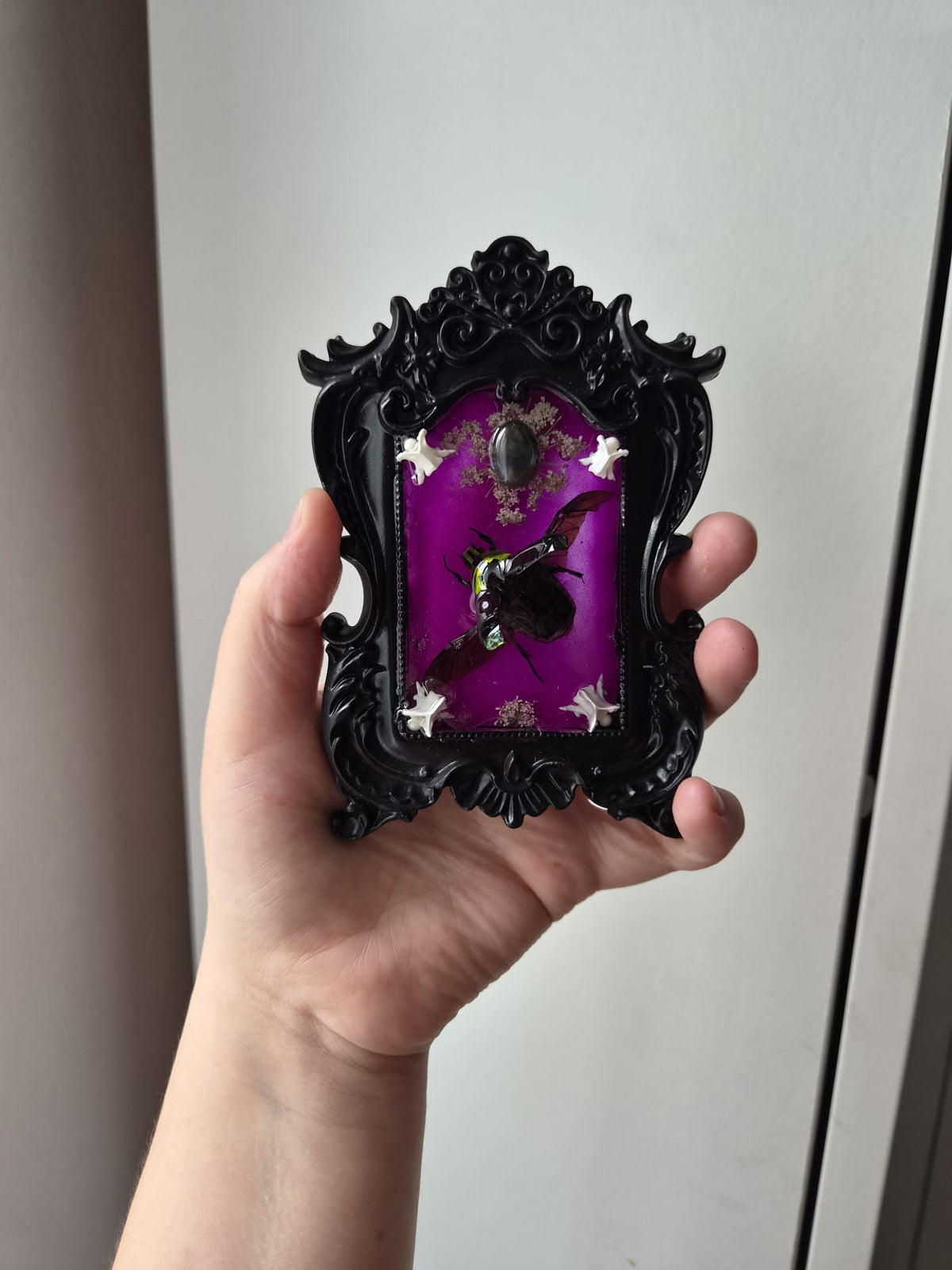 Preserved Beetle, Flowers, Labradorite & Snake vertebrae / Glow in the dark